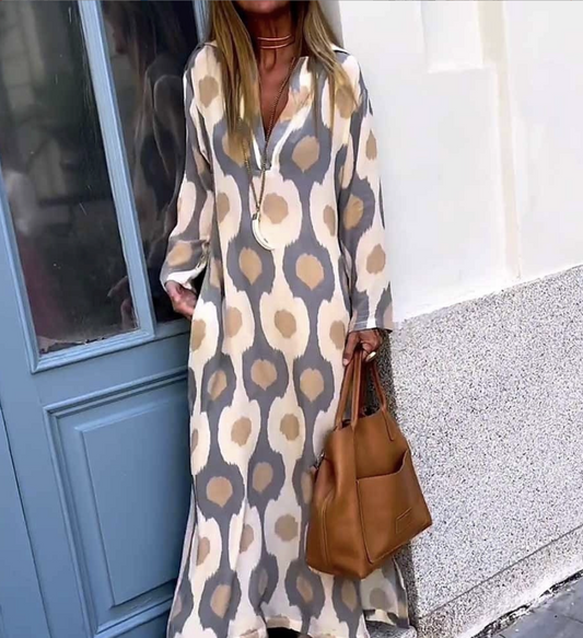 Women's Abstract Print Maxi Dress – V-Neck, Long Sleeve, Relaxed Fit, Lightweight