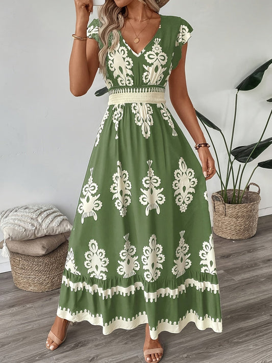 Women's Floral Geometric Maxi Dress – V-Neck, Short Sleeve, Elastic Waist, Summer Style