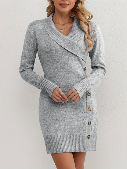 Variant image for Women's Knitted Sweater Dress – Wrap V-Neck, Long Sleeve, Bodycon Fit, Elegant Button Detail, Autumn/Winter-1