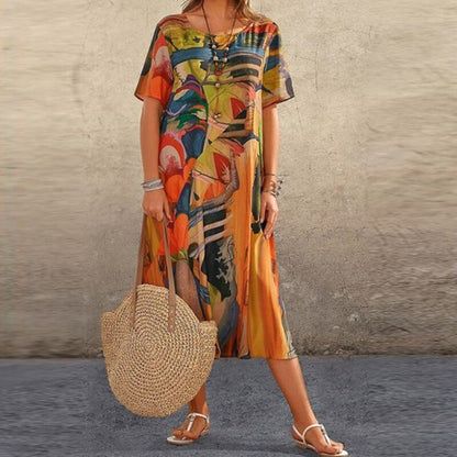 Women's Abstract Summer Dress – Loose Fit, Short Sleeve, Mid-Length, Lightweight Cotton Blend