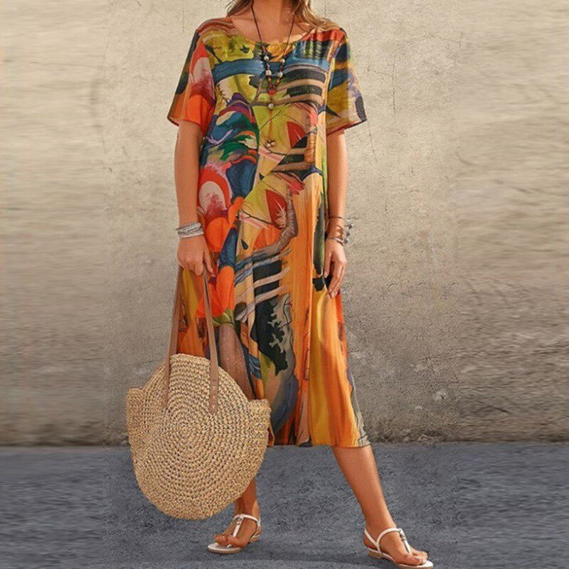 Variant image for Women's Abstract Summer Dress – Loose Fit, Short Sleeve, Mid-Length, Lightweight Cotton Blend-33