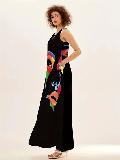 Women's Maxi Dress – Artistic Face Print, Flattering V-Neck, Sleeveless, Flowing Fit, Summer Style