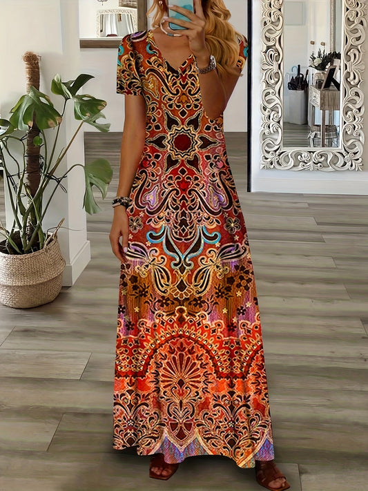 Women's Maxi Dress – Elegant V-Neck, Short Sleeve, Relaxed Fit, Ornate Pattern, Summer Ready