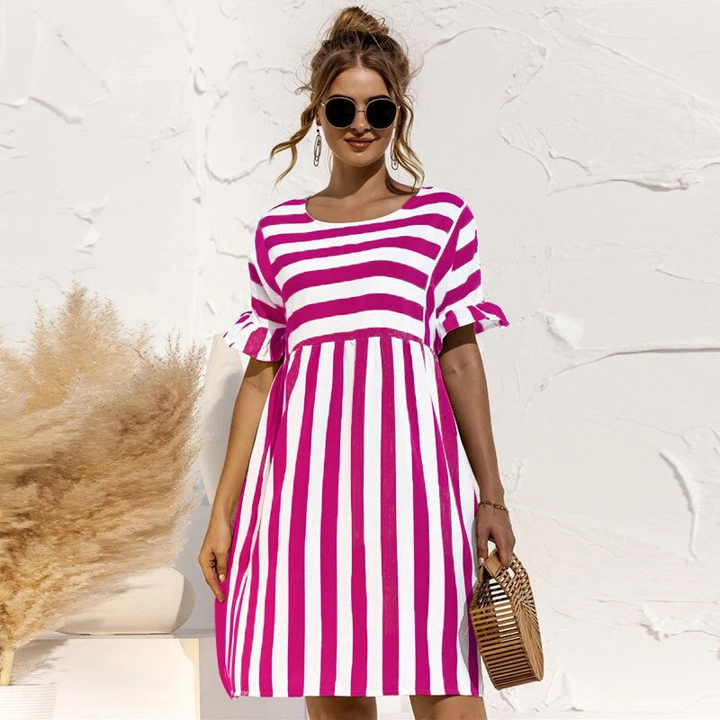 Women's Striped Summer Dress – Relaxed Fit, Knee-Length, Short Sleeve with Ruffle Detail, Breathable Cotton