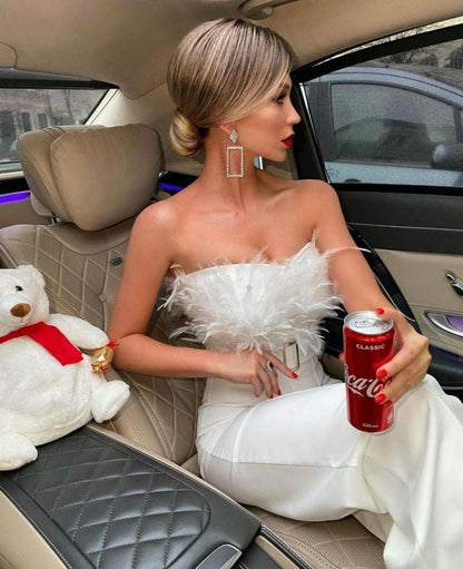 Grace | Elegant Feather Strapless Jumpsuit Slim Fit White Corset One-Piece