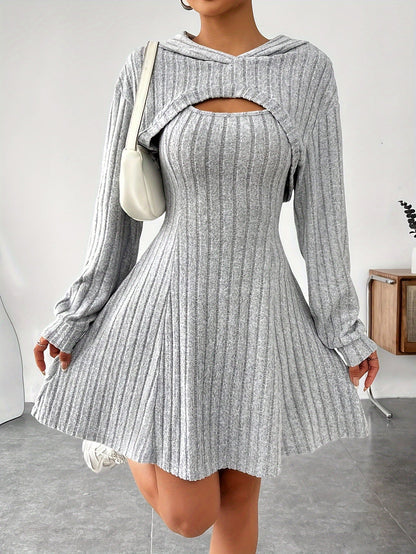 Women's Hooded Ribbed Knit Flare Dress – Fit-and-Flare, Soft Polyester Blend, Cut-Out Neckline