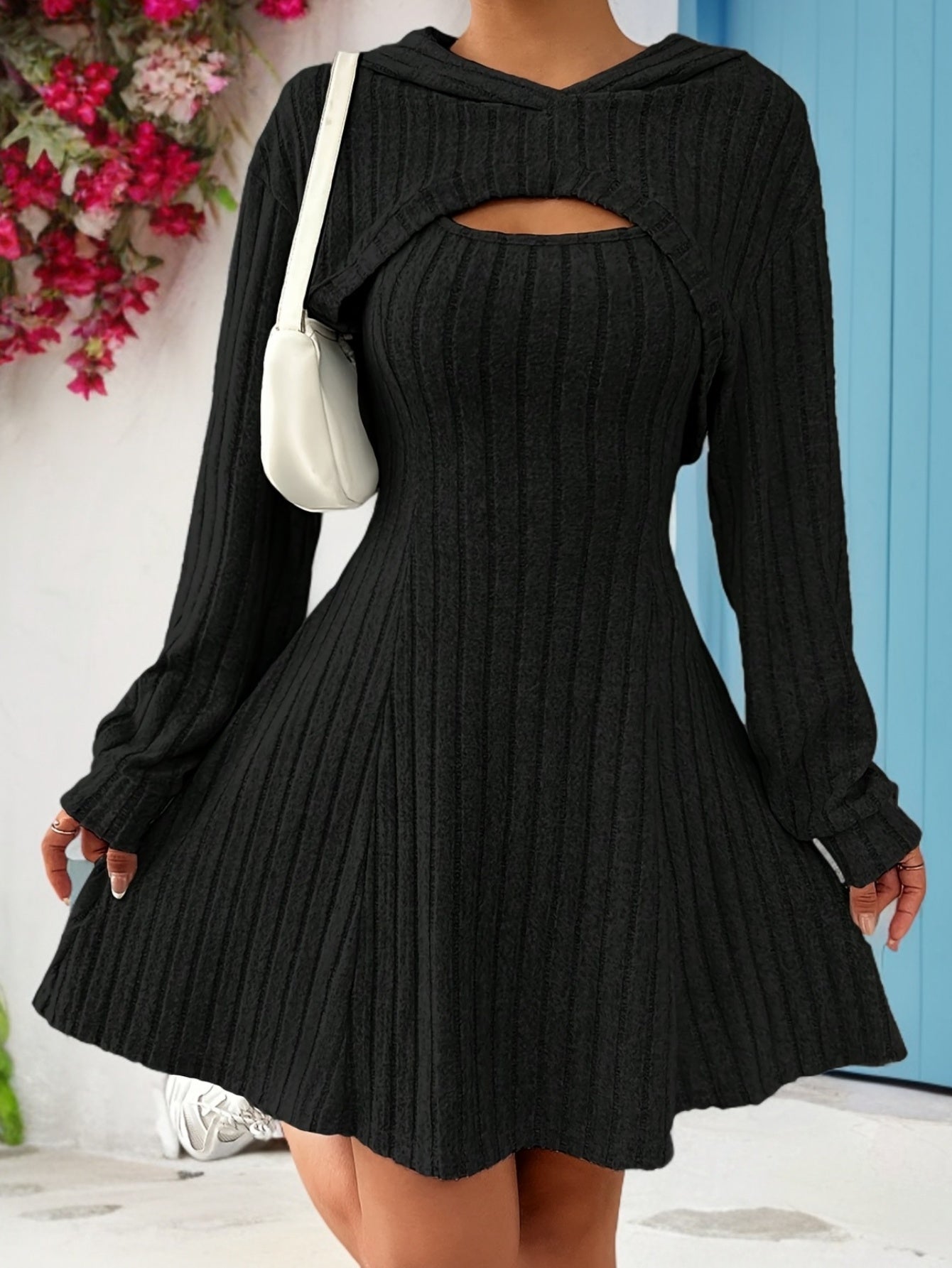 Variant image for Women's Hooded Ribbed Knit Flare Dress – Fit-and-Flare, Soft Polyester Blend, Cut-Out Neckline-1