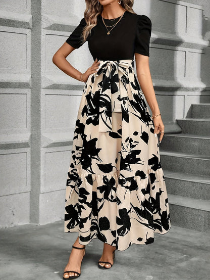 Women's Floral Maxi Dress – Puff Short Sleeve, A-Line Fit, Cotton, Perfect for Summer