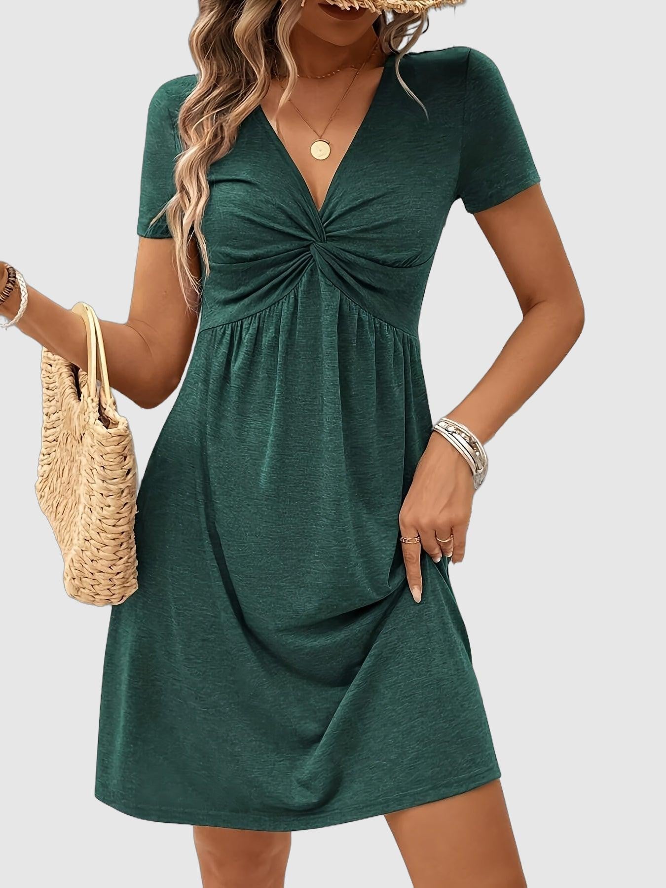 Women's Flowy Knot-Front V-Neck Summer Dress – Short Sleeves, Relaxed Fit, Soft Polyester Blend