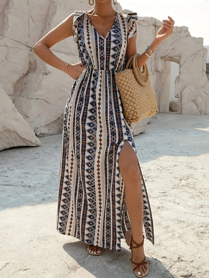 Women's Bohemian Maxi Dress – V-Neck, Ruffled Sleeveless, Elastic Waist, Summer Style