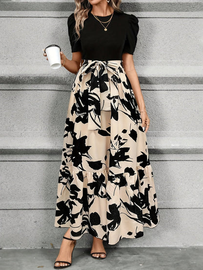 Women's Floral Maxi Dress – Puff Short Sleeve, A-Line Fit, Cotton, Perfect for Summer
