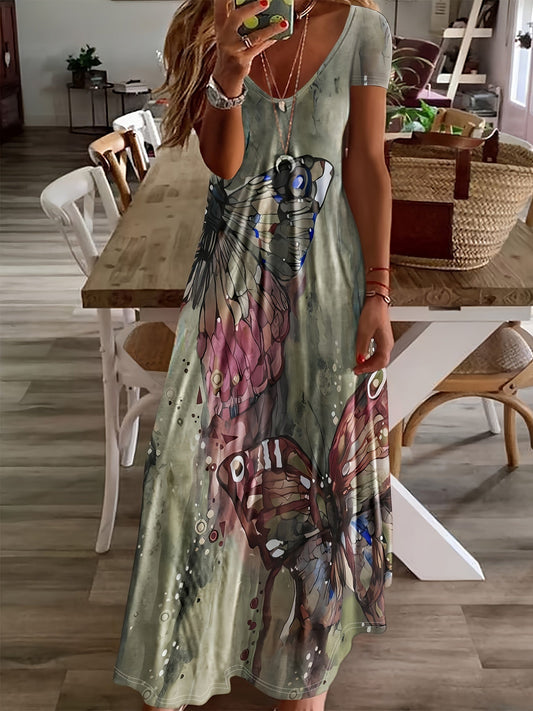Women's Butterfly Print Maxi Dress – Sleeveless V-Neck, Flowing Fit, Lightweight Viscose, Summer Ready