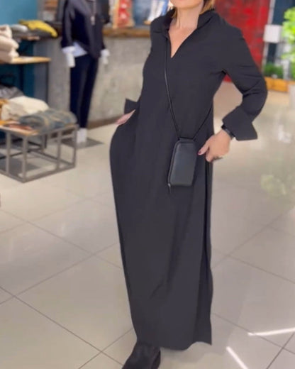 Women's Black Maxi Dress – Flattering V-Neck, Loose Fit, Long Sleeve, Side Slit, Pockets