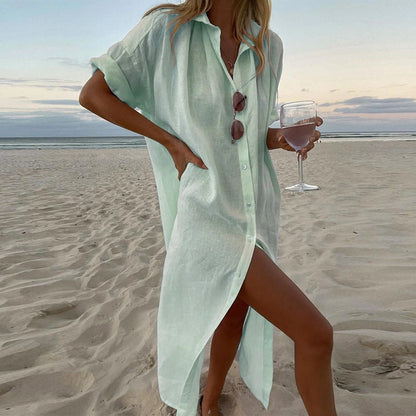 Variant image for Women's Lightweight Cotton Blend Shirt Dress – Short Sleeve, Button-Down, Chic Front Slit, Summer Ready-9