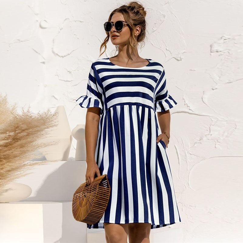Variant image for Women's Striped Summer Dress – Relaxed Fit, Knee-Length, Short Sleeve with Ruffle Detail, Breathable Cotton-1