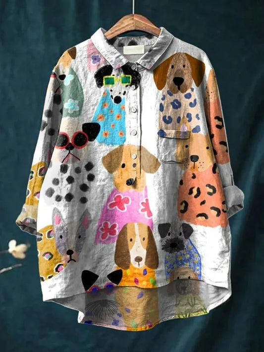 Erin | Women’s Dog Art Shirt Loose Fit Button-Up Casual Tee