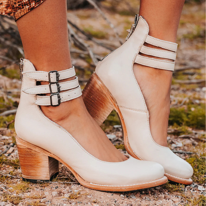 Charlotte | Women’s PU Leather Zip-Up Heels Stylish Round-Toe Summer Shoes