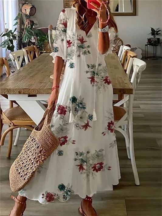Women's Floral Maxi Dress – Lightweight Cotton Blend, V-Neck, 3/4 Sleeve, Casual Fit, Summer Ready