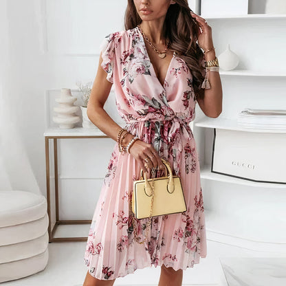 Variant image for Women's Floral Wrap Dress – V-Neck, Ruffled Sleeves, Tie Waist, Summer Style-1