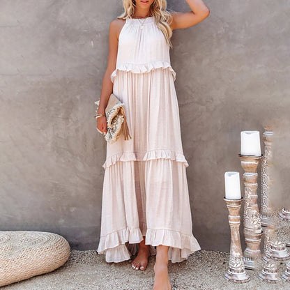 Variant image for Women's White Maxi Dress – Sleeveless Halter Neck, Ruffle Tiered A-Line, Lightweight Cotton Blend-6