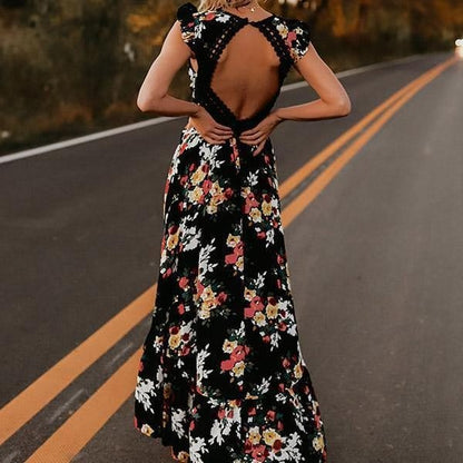 Women's Floral Maxi Dress – Sleeveless Flutter Sleeve, Lace Back, Tiered Skirt, Perfect for Summer