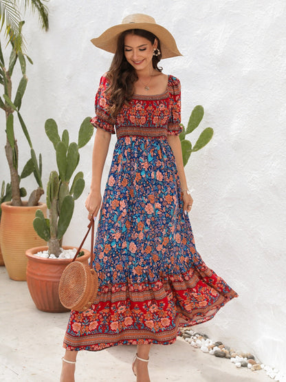 Variant image for Women's Bohemian Floral Maxi Dress – Lightweight Cotton, Smocked Bodice, Puff Sleeves, Side Slit, Summer Essential-21