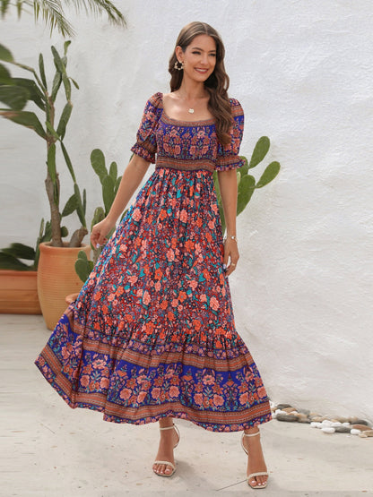 Women's Bohemian Floral Maxi Dress – Lightweight Cotton, Smocked Bodice, Puff Sleeves, Side Slit, Summer Essential