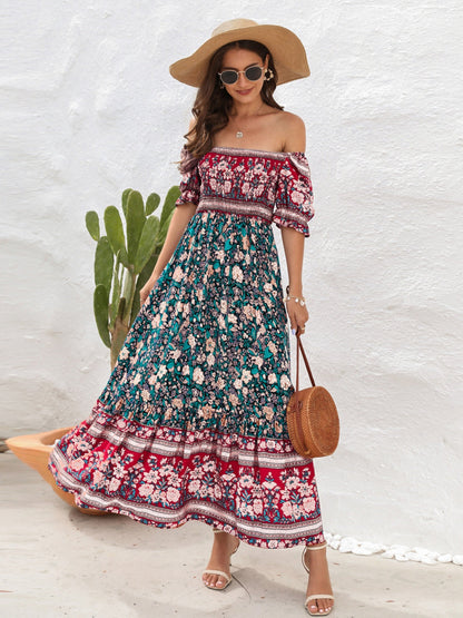 Variant image for Women's Bohemian Floral Maxi Dress – Lightweight Cotton, Smocked Bodice, Puff Sleeves, Side Slit, Summer Essential-6