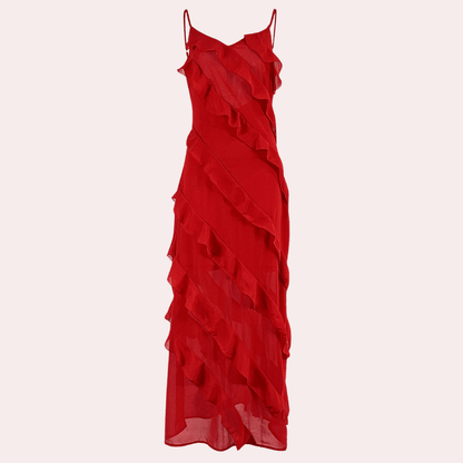 Women's Floor Length Evening Gown – Fitted Silhouette, Spaghetti Straps, Elegant Design
