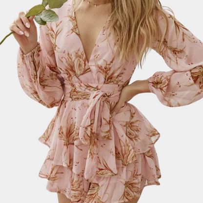 Women's Floral Summer Dress – Vibrant V-Neck, Mini Length, Comfortable Fit, Lightweight Polyester