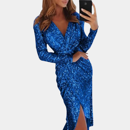 Variant image for Women's Sequin Wrap Cocktail Dress – Elegant V-Neck, Long Sleeve, Fitted Silhouette, Side Slit-31
