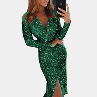 Variant image for Women's Sequin Wrap Cocktail Dress – Elegant V-Neck, Long Sleeve, Fitted Silhouette, Side Slit-19
