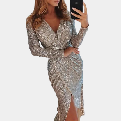 Women's Sequin Wrap Cocktail Dress – Elegant V-Neck, Long Sleeve, Fitted Silhouette, Side Slit