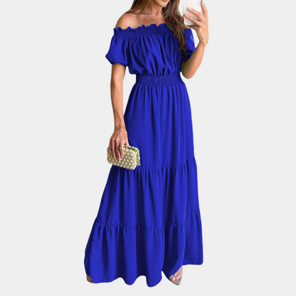 Variant image for Women's Off-Shoulder Maxi Dress – Tiered Design, Short Sleeve, Elastic Waist, Perfect for Summer Events-9