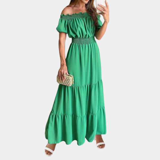 Women's Off-Shoulder Maxi Dress – Tiered Design, Short Sleeve, Elastic Waist, Perfect for Summer Events