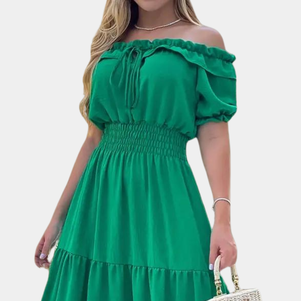 Women's Off-Shoulder Maxi Dress – Tiered Design, Short Sleeve, Elastic Waist, Perfect for Summer Events