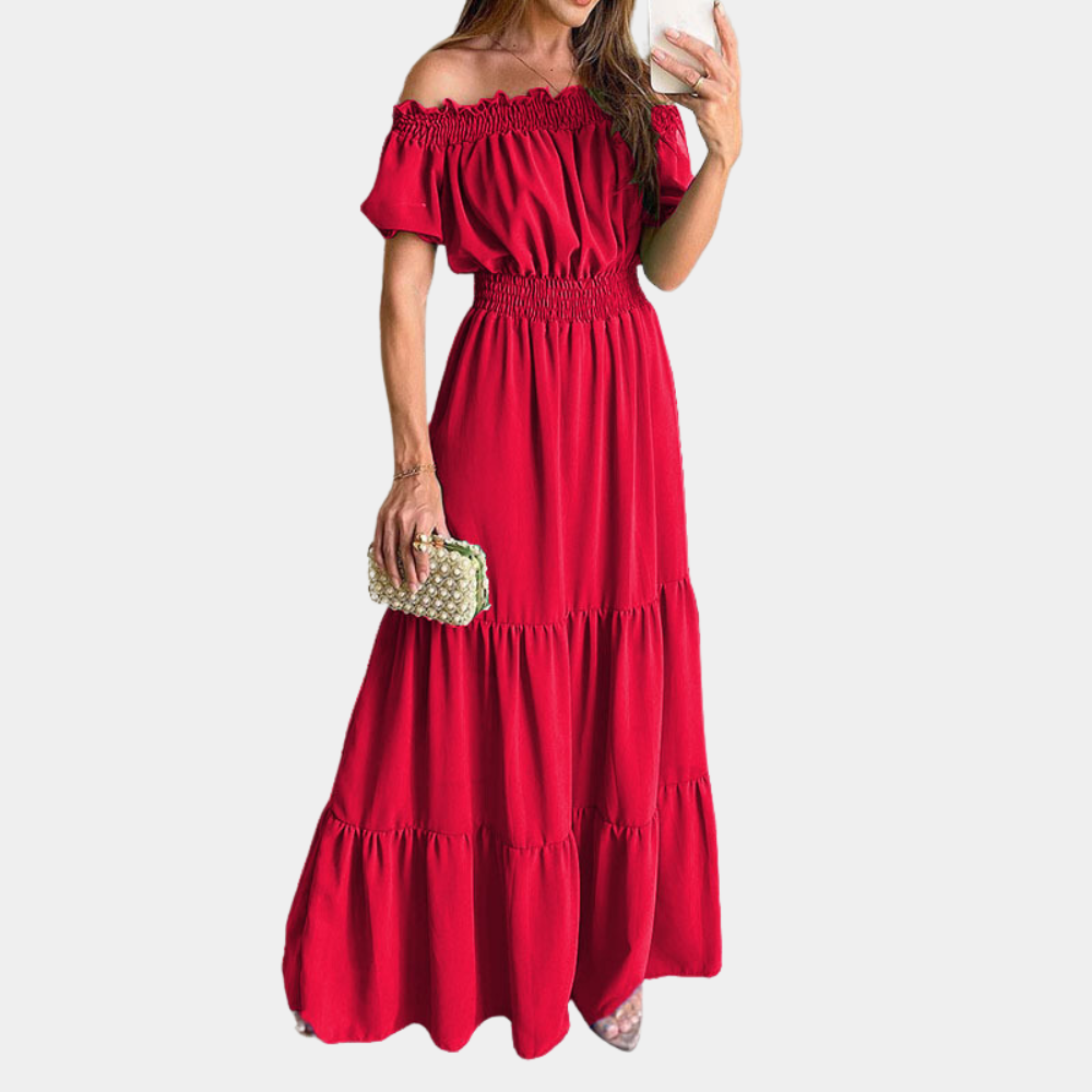 Variant image for Women's Off-Shoulder Maxi Dress – Tiered Design, Short Sleeve, Elastic Waist, Perfect for Summer Events-13
