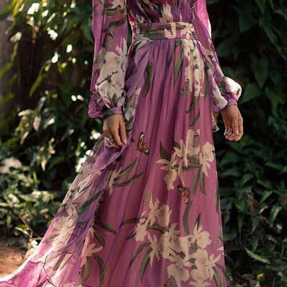 Women's Floral Maxi Dress – Elegant V-Neck, Fitted Waist, Long Sleeve, Lightweight, Perfect for Summer