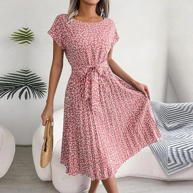 Variant image for Women's Floral Summer Dress – A-Line Pleated Skirt, Short Sleeve, Tie Waist, Cotton Blend-13