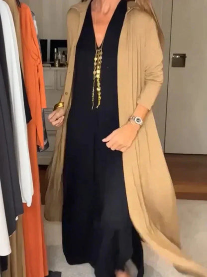 Women's Maxi Dress – Elegant V-Neck, Relaxed Fit, Long Sleeve, Layered Design
