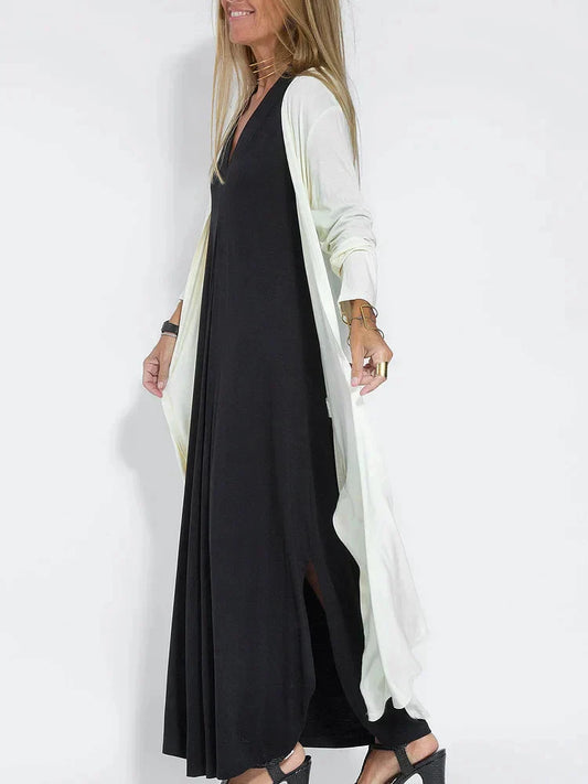 Women's Maxi Dress – Elegant V-Neck, Relaxed Fit, Long Sleeve, Layered Design
