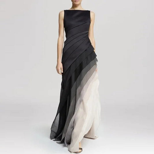 Women's Elegant Evening Gown – Sleeveless Layered A-Line, Floor-Length Chiffon, Perfect for Formal Events