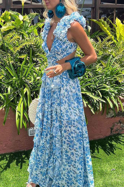 Variant image for Women's Floral Maxi Dress – Deep V-Neck, Ruffled Sleeves, High Slit, Cut-Out Waist, Perfect for Summer Events-6