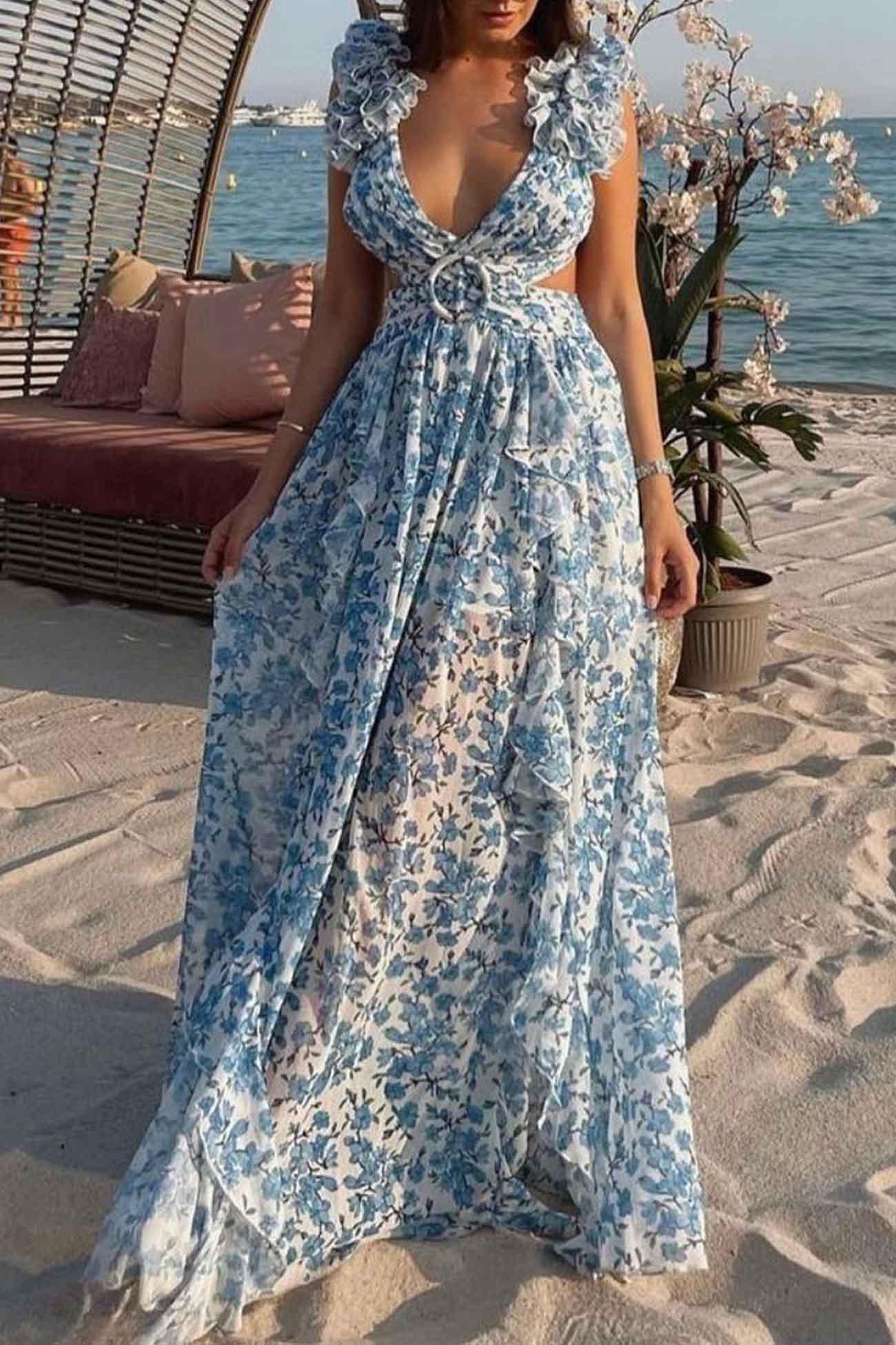 Variant image for Women's Floral Maxi Dress – Deep V-Neck, Ruffled Sleeves, High Slit, Cut-Out Waist, Perfect for Summer Events-8