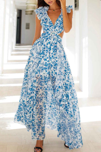 Variant image for Women's Floral Maxi Dress – Deep V-Neck, Ruffled Sleeves, High Slit, Cut-Out Waist, Perfect for Summer Events-5