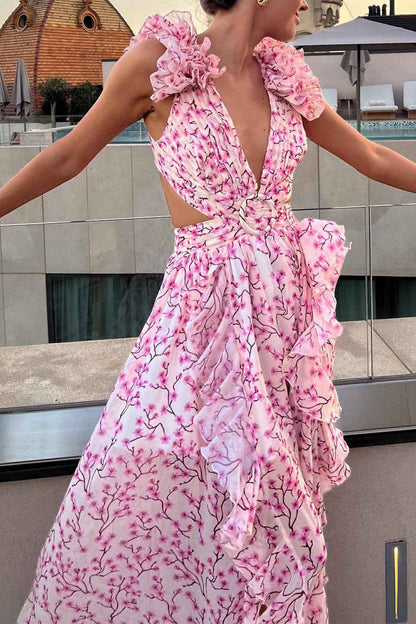 Women's Floral Maxi Dress – Deep V-Neck, Ruffled Sleeves, High Slit, Cut-Out Waist, Perfect for Summer Events