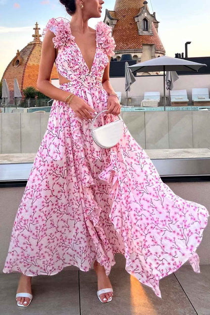 Women's Floral Maxi Dress – Deep V-Neck, Ruffled Sleeves, High Slit, Cut-Out Waist, Perfect for Summer Events