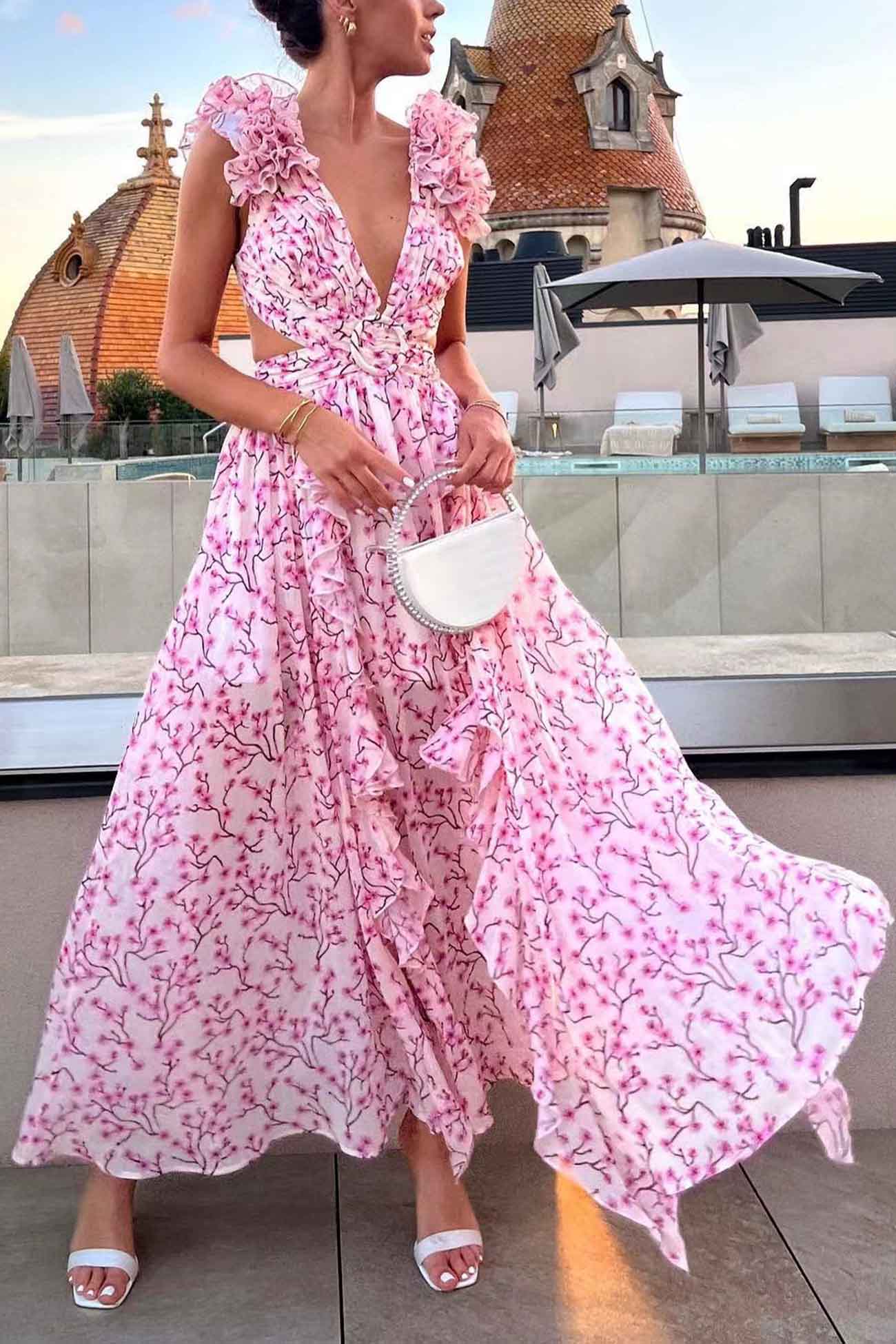 Variant image for Women's Floral Maxi Dress – Deep V-Neck, Ruffled Sleeves, High Slit, Cut-Out Waist, Perfect for Summer Events-3