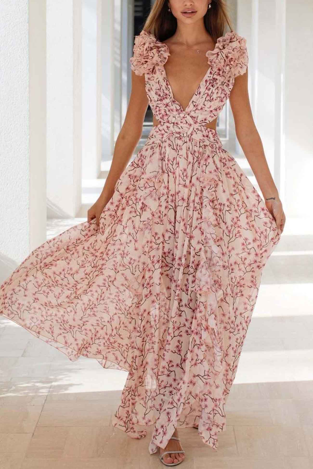 Variant image for Women's Floral Maxi Dress – Deep V-Neck, Ruffled Sleeves, High Slit, Cut-Out Waist, Perfect for Summer Events-1
