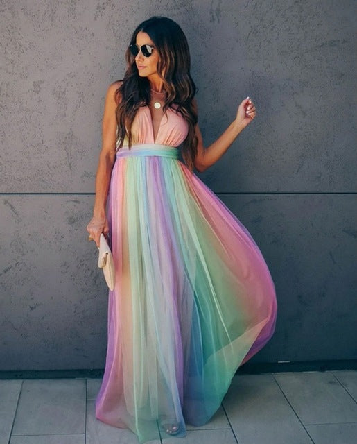 Women's Gradient Rainbow Halter Dress – Elegant Spaghetti Straps, Flowing Fit, Summer Ready
